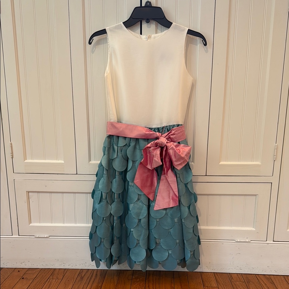 Elegant Kids Formal Dress with Teal layered petals and a Pink Bow